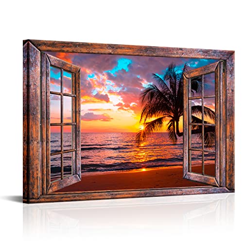 Hawaiian Sunset Ocean Canvas Wall Art - Tropical Seascape Decor 24x36 inch