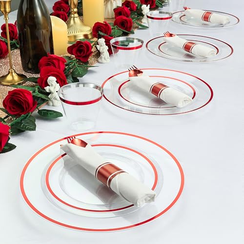 50 Pack Red Plastic Cutlery Set - Disposable Forks Knives Spoons with Napkins