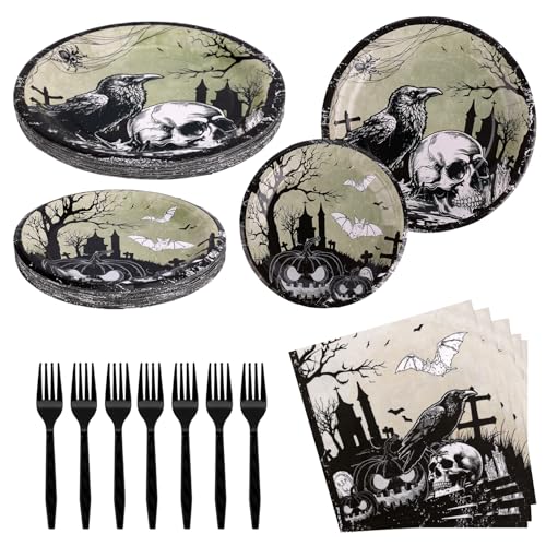 Halloween Tableware Set with Plates Napkins Forks Crow Style for 24 Guests