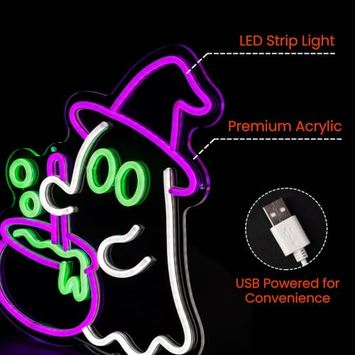Halloween Neon Sign 2 Pack - Ghost & BOO LED Neon Light Set - Festive Decor