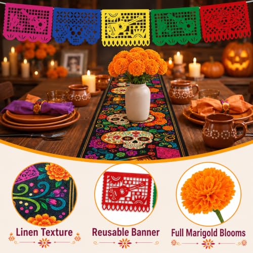 Dia De Los Muertos Decoration Set with Marigolds Banner Tablecloth & Altar Decor