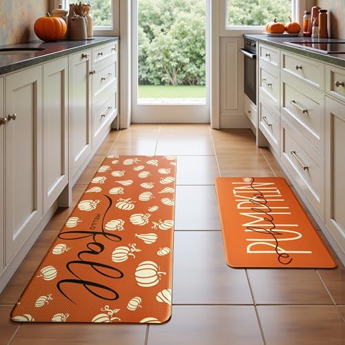 Autumn Pumpkin Kitchen Rug Set - Waterproof Non-Slip Anti-Fatigue Mats, 17.3x29 + 17.3x47 Inches - Orange, Rectangular, 0.4H