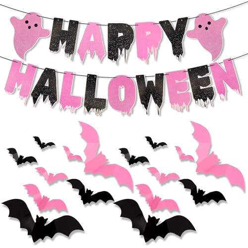 Halloween Pink Black Banners & 3D Bat Stickers Set for Indoor Wall Decor - Halloween Party Decorations - Variation of THIS listing