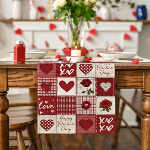 Patchwork Heart Valentine's Table Runner 13x60 Inch Home Decor - Red
