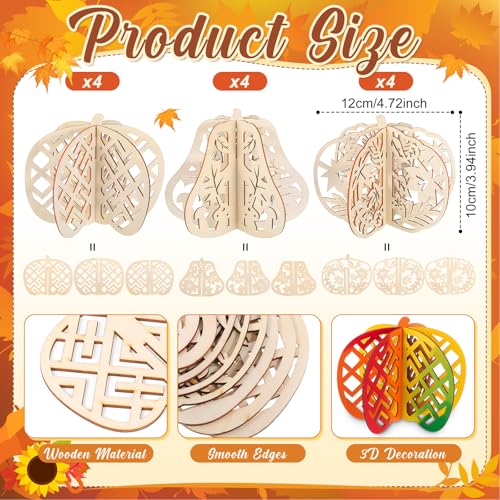 Unfinished 3D Wooden Pumpkin Cutouts - Fall Thanksgiving Decor, 4.7 Inch - 36 Pcs
