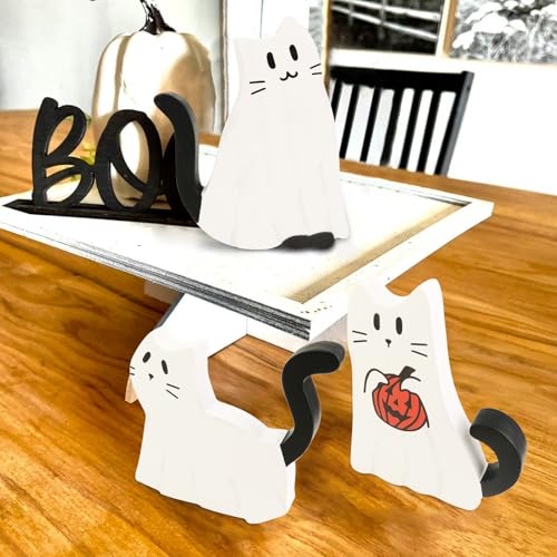 Halloween Ghost Cat Wood Signs Set - Rustic Farmhouse Decor, 3 Pieces