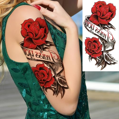 Large Red Rose Temporary Tattoos for Women - 10 Sheets, Waterproof & Long-Lasting, Arm & Thigh Body Art, Variation: Red Rose