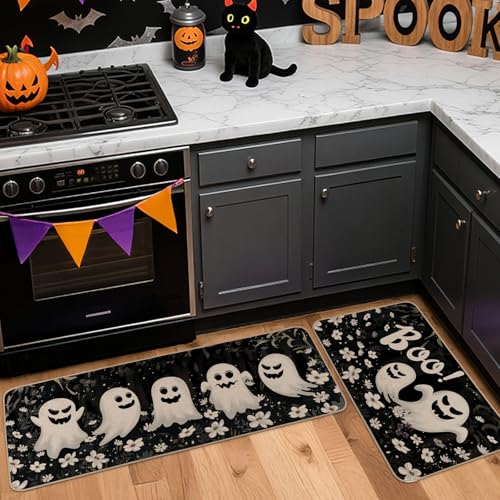 Halloween Ghost Kitchen Rugs Set of 2 - Black, 17x29 & 17x47 Inch