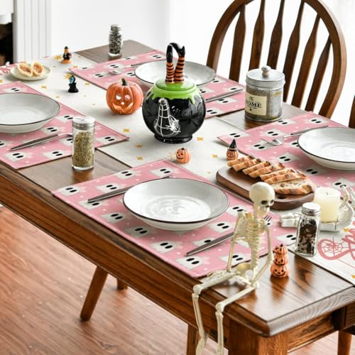 Pink Stripes Ghost Halloween Placemats Set of 4 - 12x18 Inch Rectangular