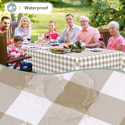Waterproof Vinyl Rectangular Tablecloth - Flannel Backed, 120x60 Inches, Khaki & White