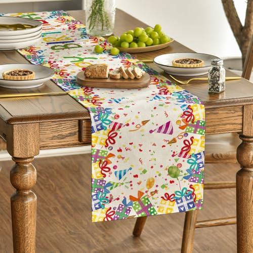 13x72 Inch Beaded Birthday Table Runner - Happy Birthday Home Decor, Beige Gift