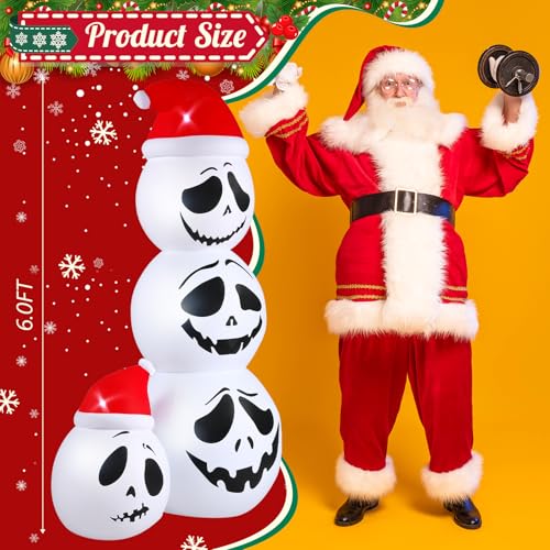 6ft Christmas Inflatable Skeleton with Santa Hat & LED Lights for Holiday Yard Decorations