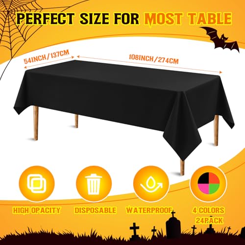 24 Pack Plastic Halloween Tablecloths - Waterproof 54x108 Inch Rectangular Covers - Black, Orange, Pink, Green - Party Supplies