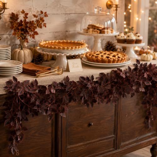 Dark Burgundy 27ft Fall Garland Set - Autumn Maple Leaves for Mantle & Porch Decor