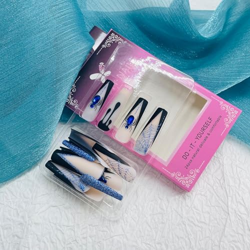 Halloween Long Square Fake Nails with Spider Web Glitter Design - 24pk - Blue
