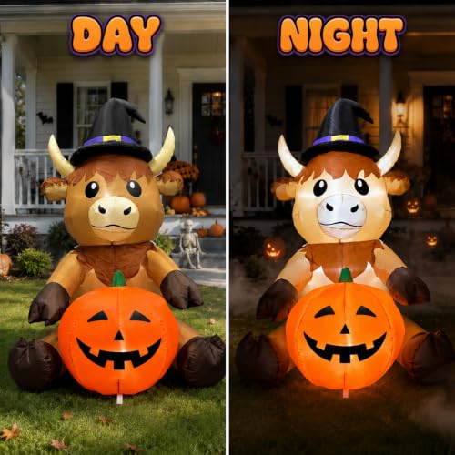 5FT Halloween Inflatable Highland Cow Holding Pumpkin - Outdoor Decorations, Cow Variant