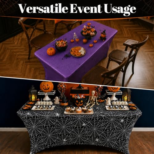 Halloween Spiderweb Tablecloth Set - 6ft Spandex Cover for Tables, 2 Pieces - Black & Purple, Variation of THIS listing