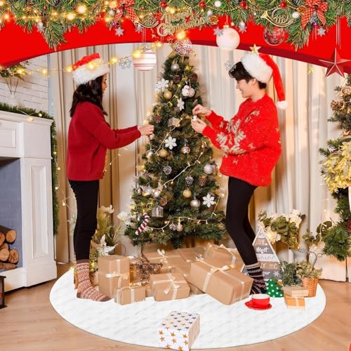 72 Inch Faux Fur White Christmas Tree Skirt for 7.5ft-12ft Trees with Diamond Pattern - Luxury Holiday Decor