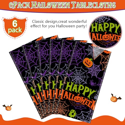 6pcs Halloween Spider Web Plastic Tablecloths - Disposable Rectangular Ghost Table Covers for Party Decorations 54x108in - Variation of 6