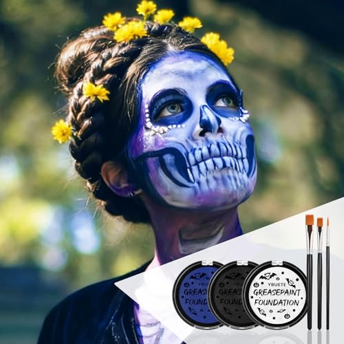 Face Paint Kit Oil Based Halloween Makeup Set with Brushes - Blue, Black, White