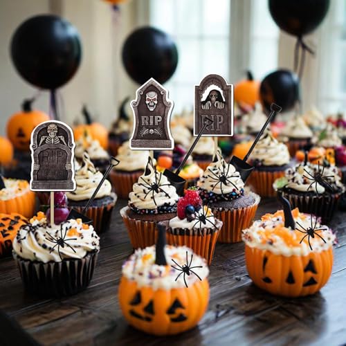 Halloween Cupcake Toppers Set with Tombstones Spiders and Mini Spoons - 96 pcs