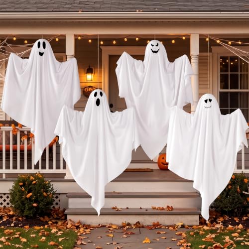Halloween Flying Ghost Decorations Set - 4 Cute Hanging Ghosts for Yard & Party