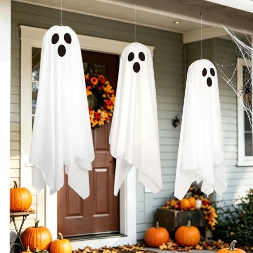 Halloween Ghost Decor Light-Up Hanging Ghosts - 3 Pack, Spooky Outdoor Decor with Fairy Lights