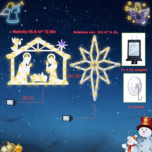 Christmas Window Silhouette Lights - Bethlehem Star & Nativity 16-inch Decorations - UL Certified LED