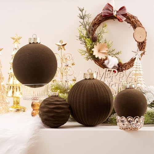 CristBest Large Velvet Christmas Ornaments - Brown 4-Inch Set of 4