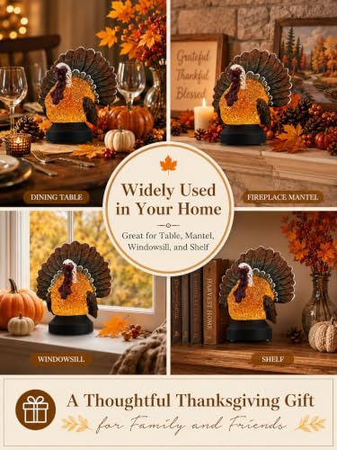 Thanksgiving Turkey Snow Globe Lantern - Fall Decor with Swirling Glitter & Timer - Lighted Halloween Tabletop Decoration - Battery & USB Powered - Thanksgiving Turkey Variation