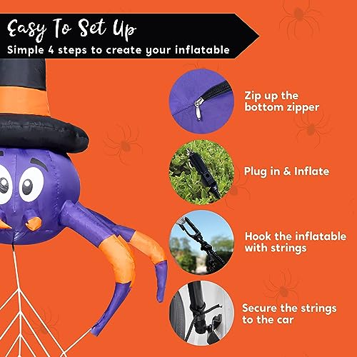 Halloween Inflatable Spider with LED Lights for Car Trunk Decor, 5ft Outdoor Yard Decoration