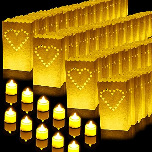 Luminary Bags with Flameless Candles Set - Heart Pattern, 50 Pieces for Outdoor & Indoor Decor