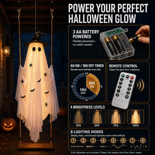 CRILARY White Halloween Swinging Ghost Outdoor Decor 5.9ft with Lights