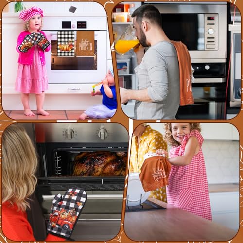 Fall Kitchen Towel Set with Pot Holders & Oven Mitts - Retro Pumpkin Pattern