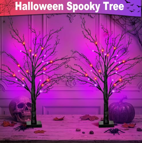 Halloween Lighted Artificial Tree Set B - 24 Inch Black Indoor Decor with Orange & Purple Lights