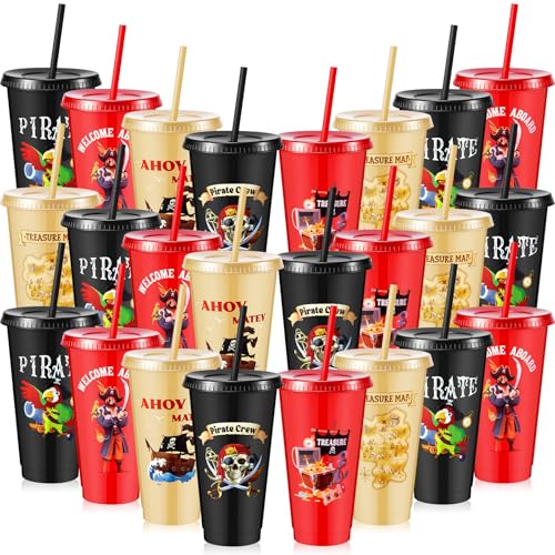 24 Pack Pirate Plastic Cups with Lids & Straws - 24 oz Reusable Party Tumblers - Pirate Themed Birthday & Party Favors - 6 Styles