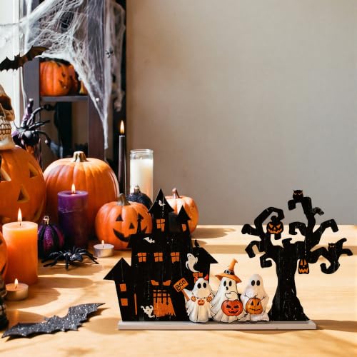 Halloween Ghost Haunted House and Tree Wooden Decor Set - Halloween Tree Variation