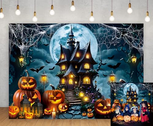 Halloween Horror Castle Backdrop 7x5FT Full Moon Night Pumpkin Lantern Bats Web Scene