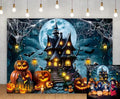 Halloween Horror Castle Backdrop 7x5FT Full Moon Night Pumpkin Lantern Bats Web Scene