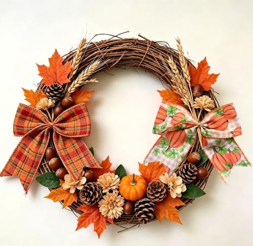 Fall Pumpkin & Buffalo Plaid Wreath Bows Set of 10 - Autumn Decor