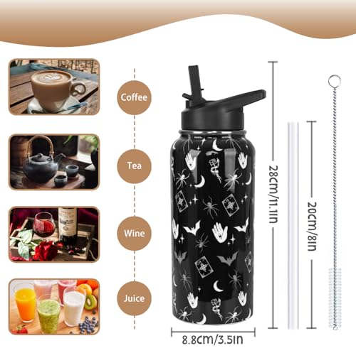Goth Water Bottle with Straws 32oz Insulated Stainless Steel - Black Gothic Design