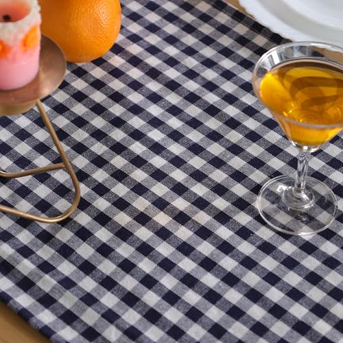 Halloween Check Plaid Table Runner - Linen Blend, 14x108 Inch, Blue and White - The Art Box