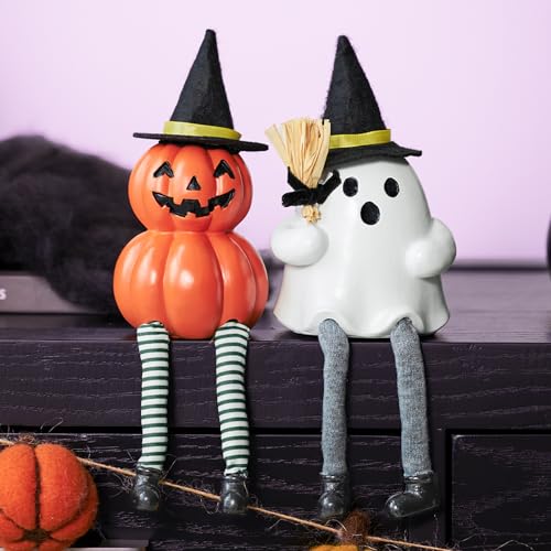 Halloween Ghost and Pumpkin Figurine Set - 2 Pack, Orange & White, Indoor & Outdoor Decor