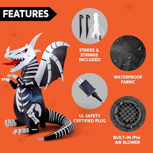 8 Ft Tall Halloween Skeleton Dragon Inflatable Yard Decoration with Red LED Eyes