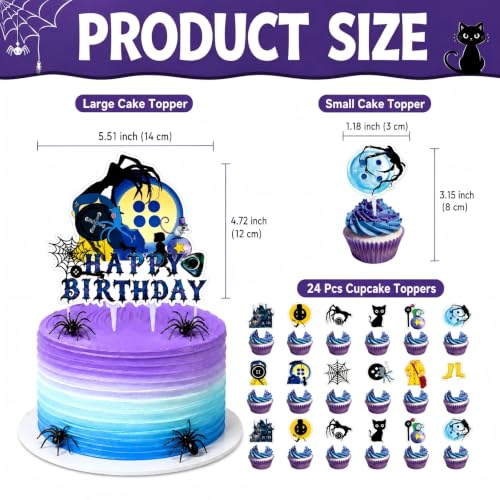 Gothic Cake Toppers Set - Black Cat Moon Halloween Birthday Decorations