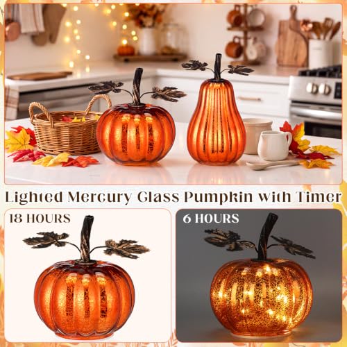 Lighted Glass Pumpkin Decor - Set of 2 Mercury Glass Autumn Halloween Thanksgiving Oranges