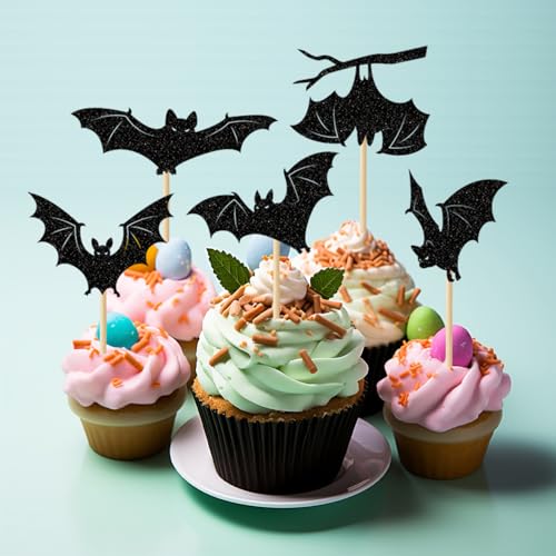 Glitter Bat Halloween Cupcake Toppers Set - Black Bat Picks, 24 Pack with Variation