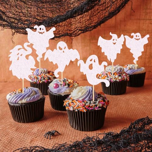 Ercadio White 25 Pack Ghost Cupcake Toppers Glitter Halloween Baby Ghost Decorations