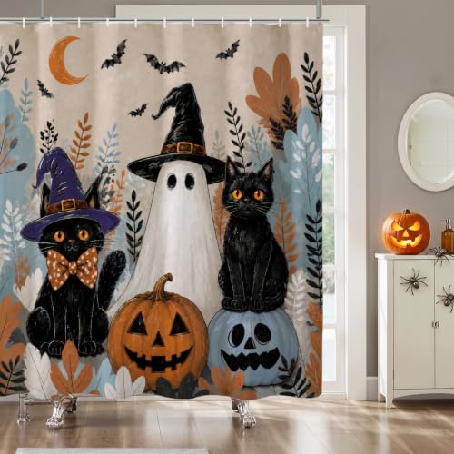 Ghost Black Cat Halloween Shower Curtain 72x72 Inch - Waterproof & Durable Fabric