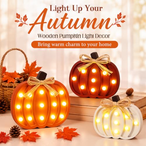 Novabright 3-Piece Fall Wooden Pumpkin Decor Set - White, Orange, Brown, 4in+6in+8in with LED Lights